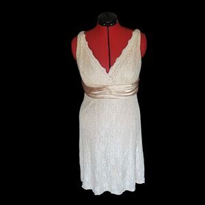 SL fashions cream lace v neck sleeveless midi dress with slip and belt, size 16